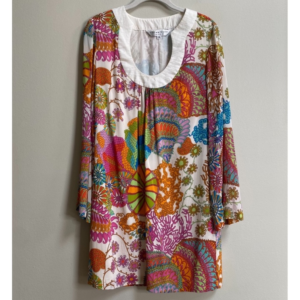 Trina Turk Multicolor Print Bonita Bell Sleeve Silk Mini Dress Size 8